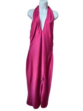 Lulus Fuchsia Halter Neck Backless Midi Dress Plunging V-Neckline XL FLAWED